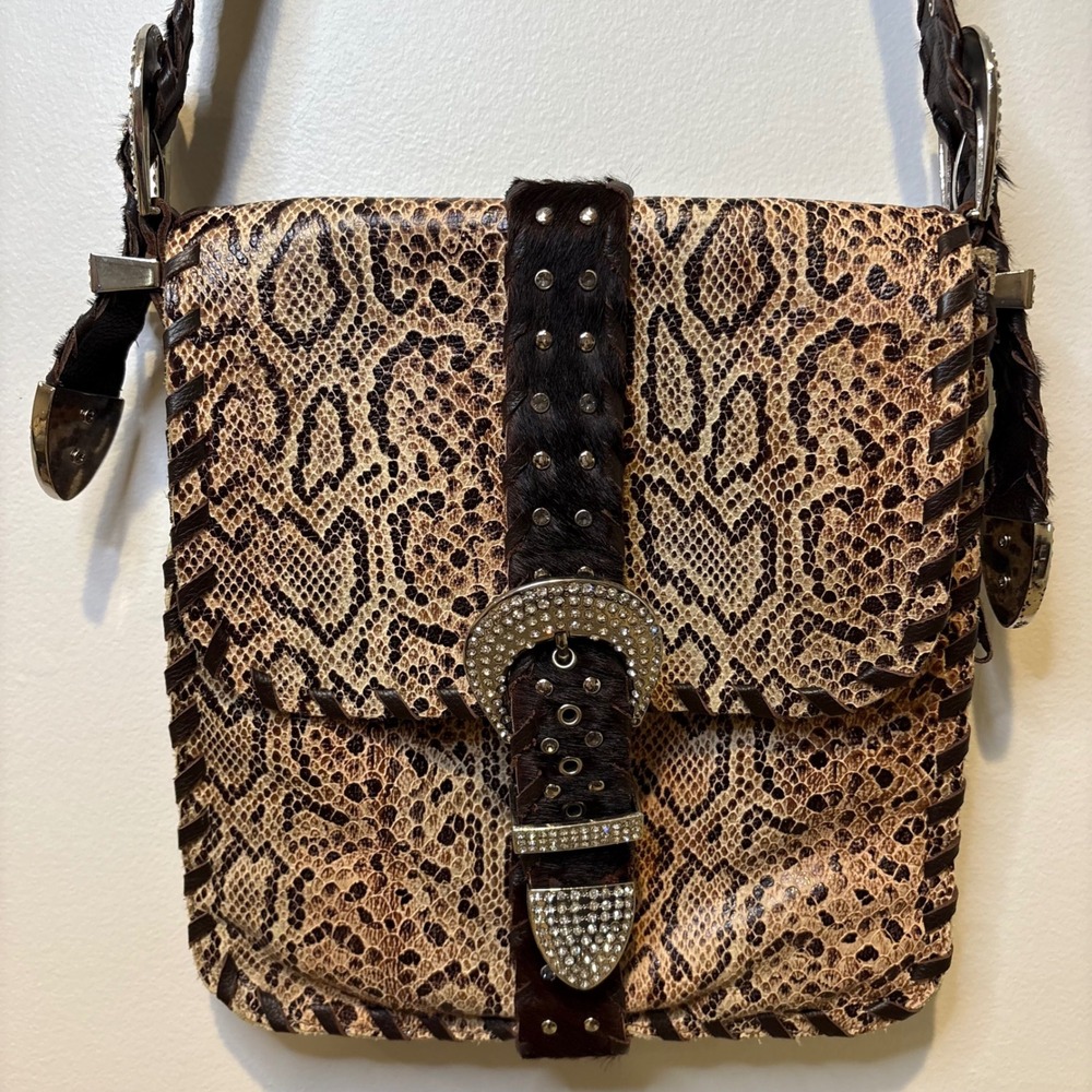 Charm & Luck Genuine Leather Hobo Snakeskin‎ Bag Rhinestone Cowgirl Festival